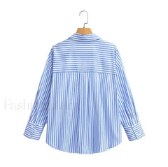 Autumn Blue White Striped Single Breasted Casual Blouse