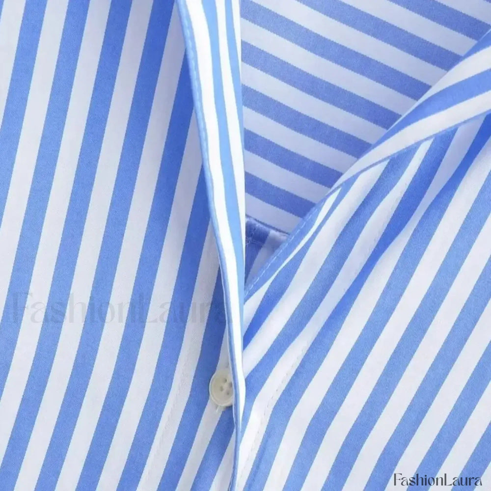 Autumn Blue White Striped Single Breasted Casual Blouse