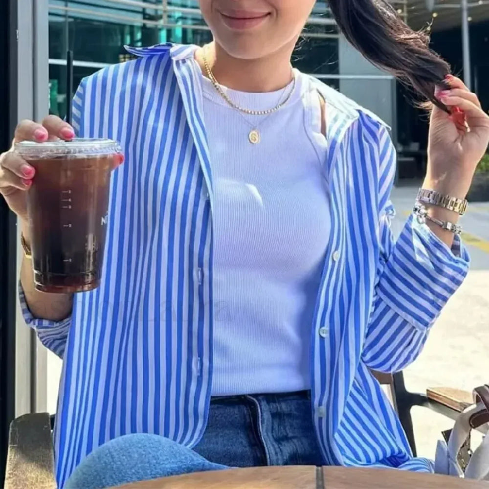 Autumn Blue White Striped Single Breasted Casual Blouse