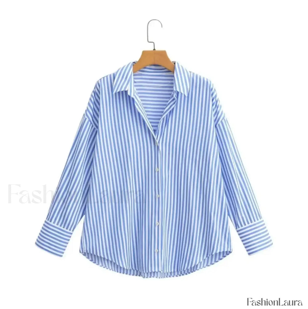 Autumn Blue White Striped Single Breasted Casual Blouse Blue / XS