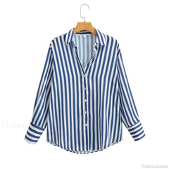 Autumn Lapel Blue White Striped Satin Single Breasted Loose Tops Blouse Blue / XS