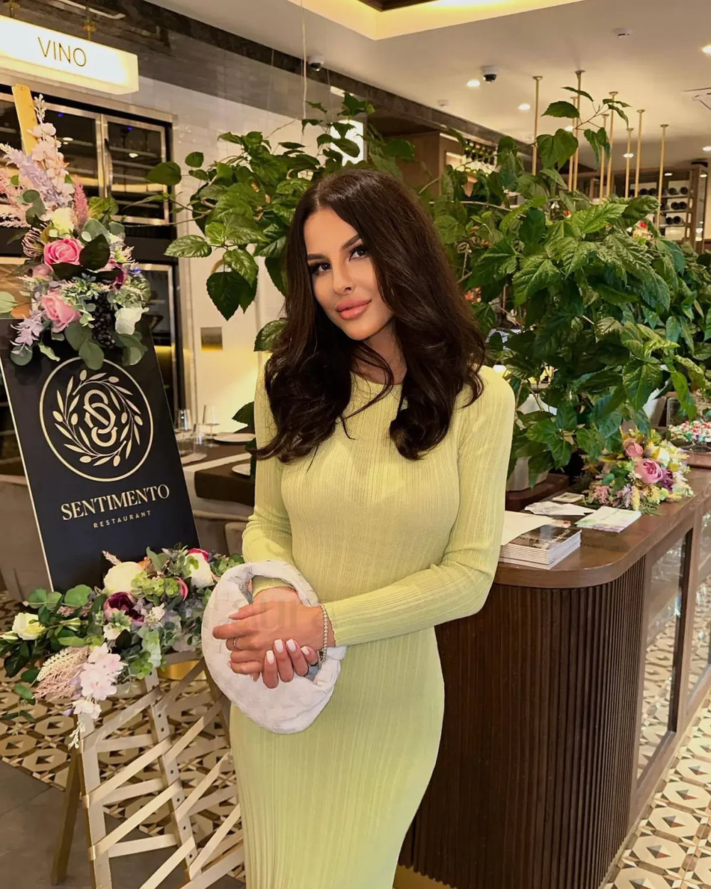 Autumn Long Sleeve Knitted Elegant Geometric Printed Bodycon Maxi Dress Green / S