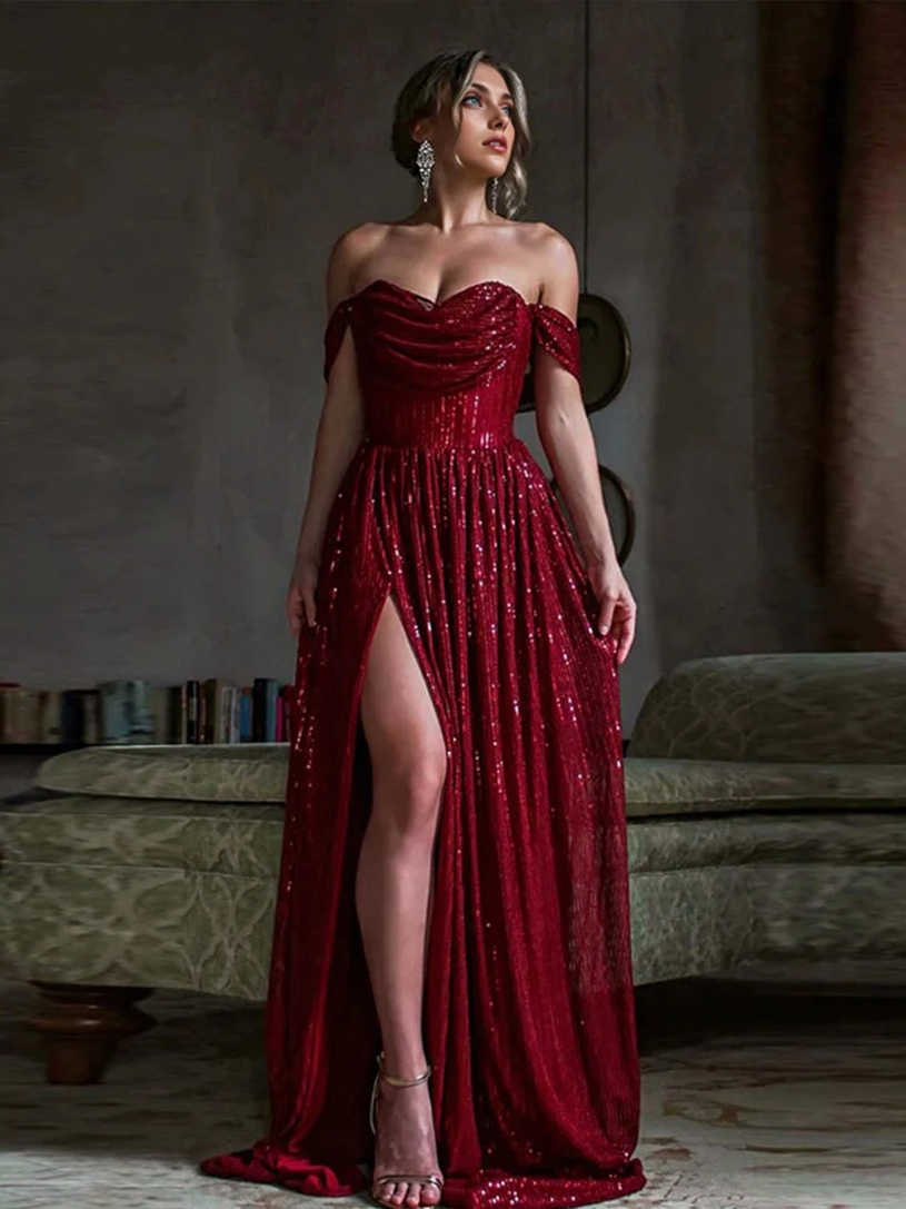 JuliaFashion - 2024  Solid Sequins Strapless Slim Split Dress