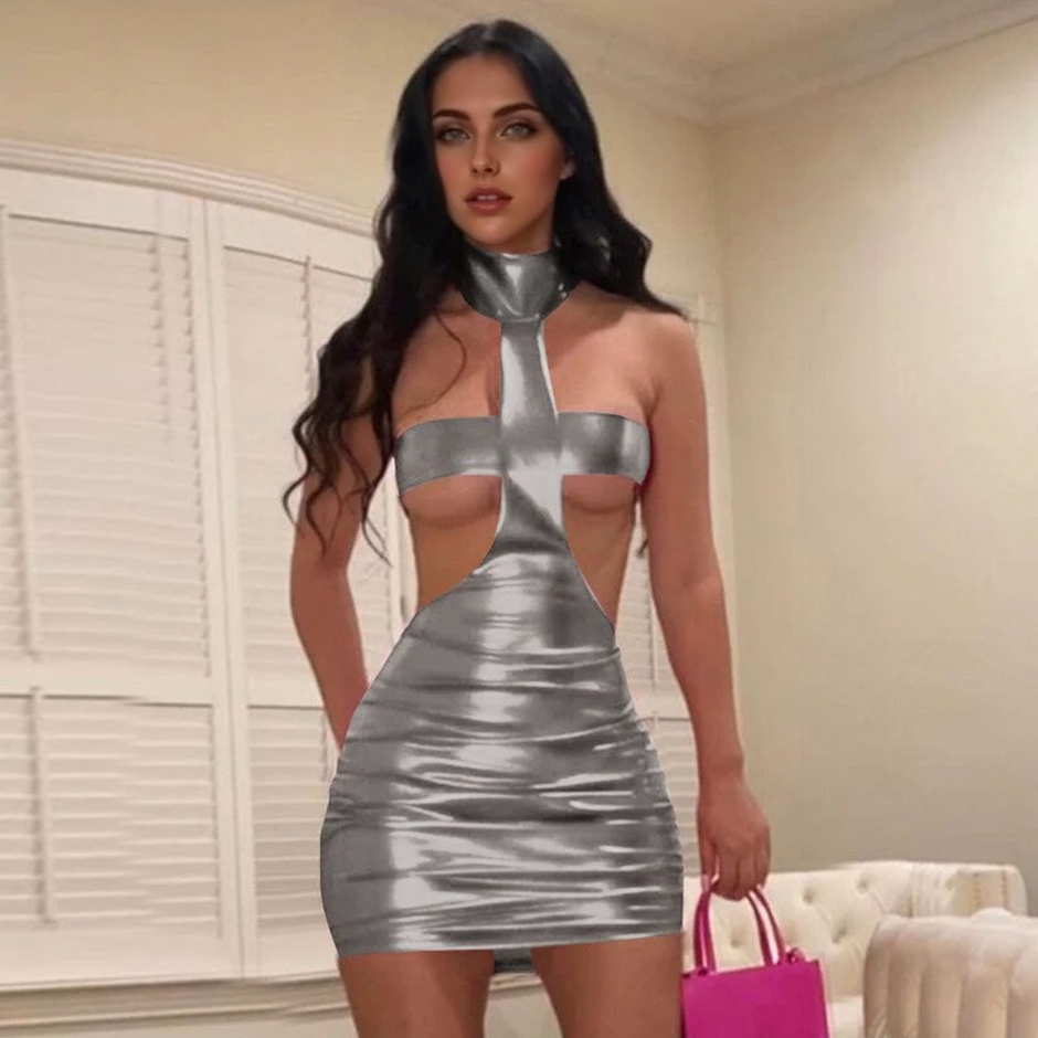 JuliaFashion - Sexy Halter Sleeveless Cut Out Bodycon Mini Dress