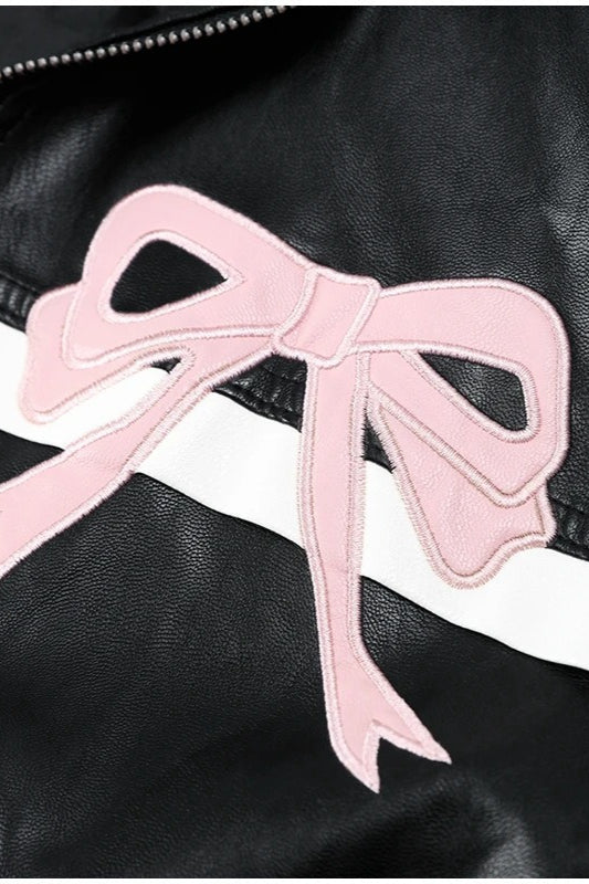 Bow Decor Faux Leather Moto Jacket