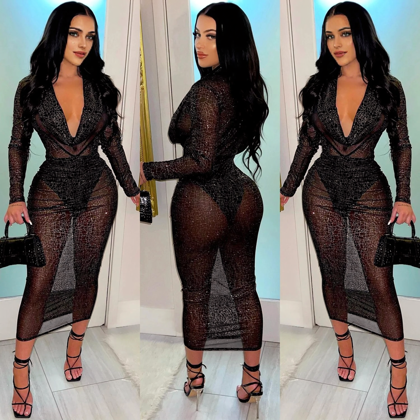 Julia Fashion - Sexy Deep V Long Sleeve Midi Dress