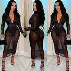 Julia Fashion - Sexy Deep V Long Sleeve Midi Dress