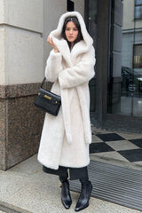 Long Hooded Belted Mink Faux Fur Overcoat