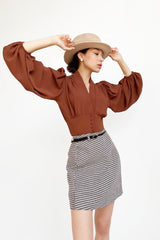V Neck Lantern Sleeve Slim Blouse