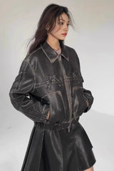 Bow Decor Faux Leather Moto Jacket