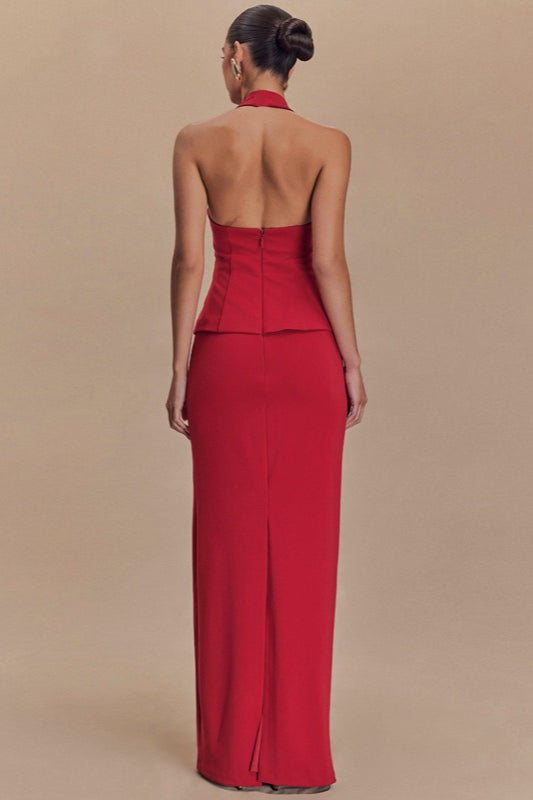 Solid Halter Backless Maxi Formal Dress S / Red