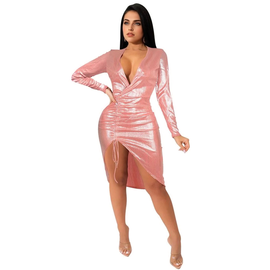 Julia Fashion - Sexy Deep V Neck Neon Pink Bodycon Midi Dress