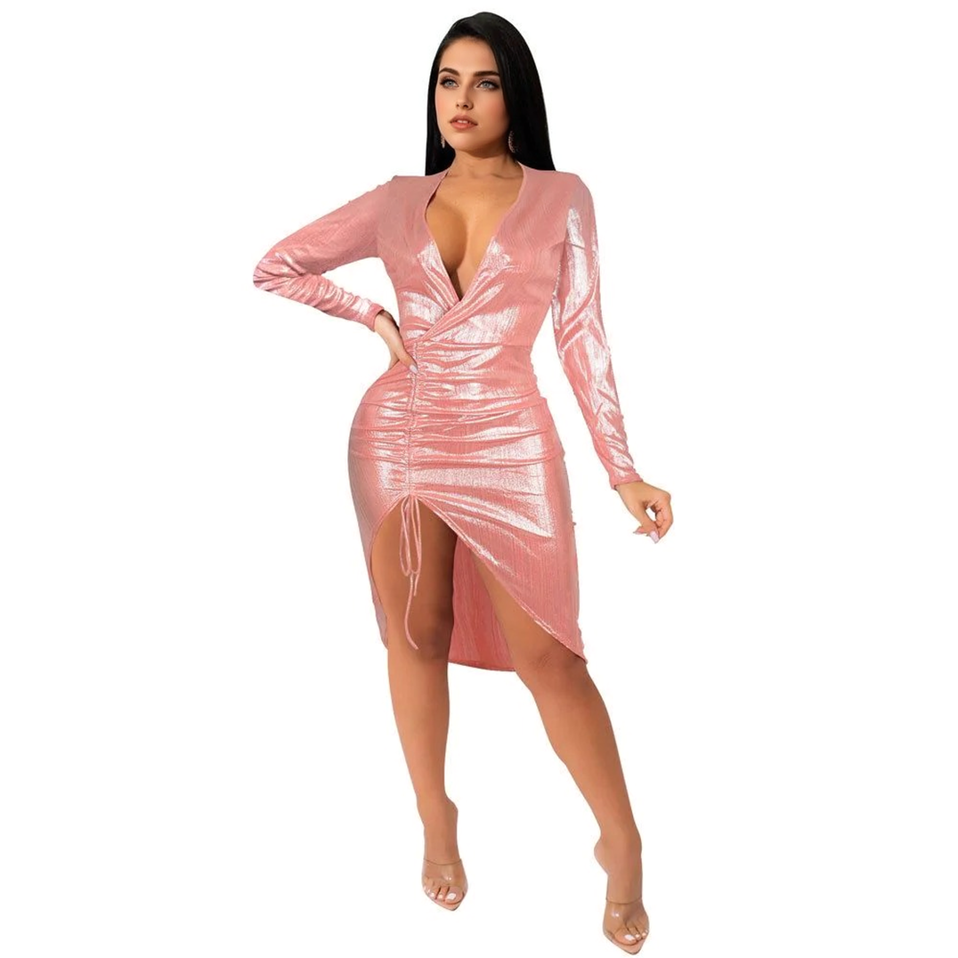 Julia Fashion - Sexy Deep V Neck Neon Pink Bodycon Midi Dress