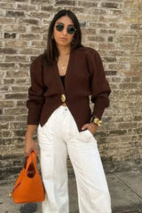 Vintage Button V Neck Knit Cardigan Coffee / S