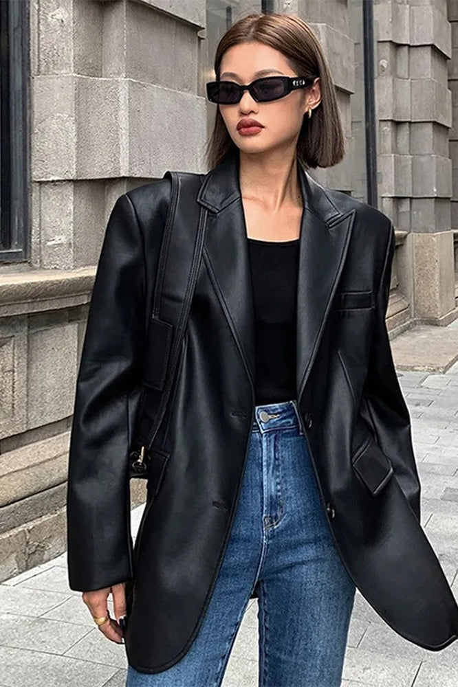 Black PU Leather Blazer Jacket coats
