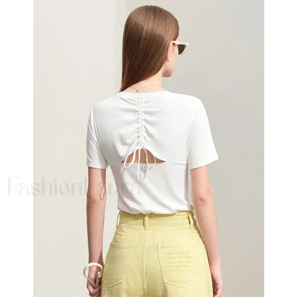 Back Drawstring Hollow T Shirt Beige / S