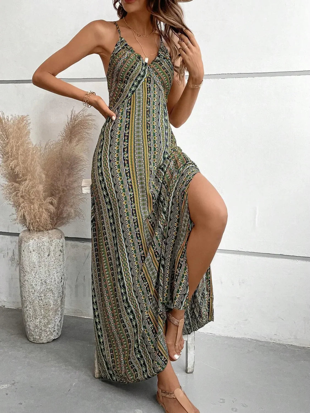 Backless Green Maxi Boho Dress