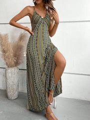 Backless Green Maxi Boho Dress