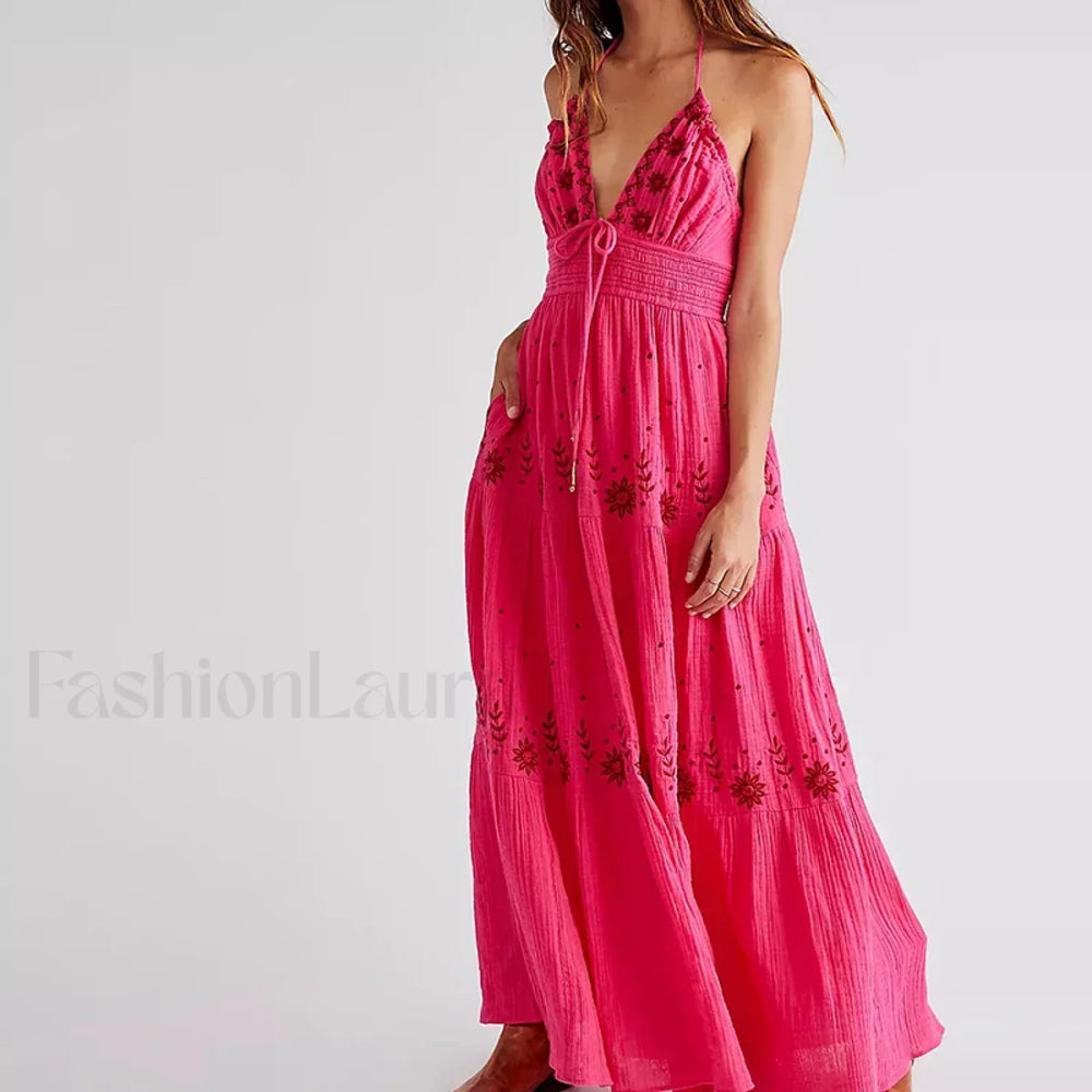 Backless Halter Embroidery Boho Dress