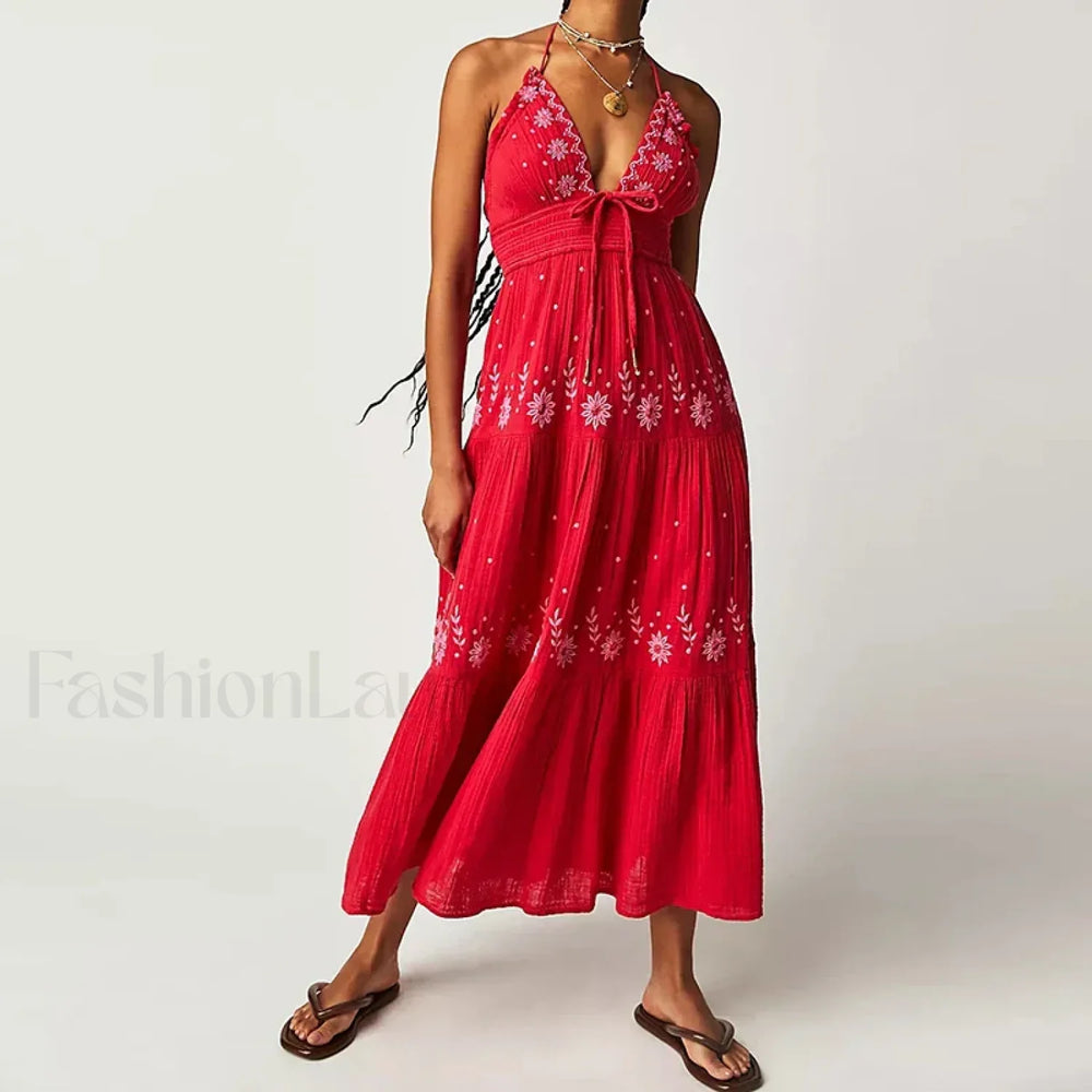 Backless Halter Embroidery Boho Dress