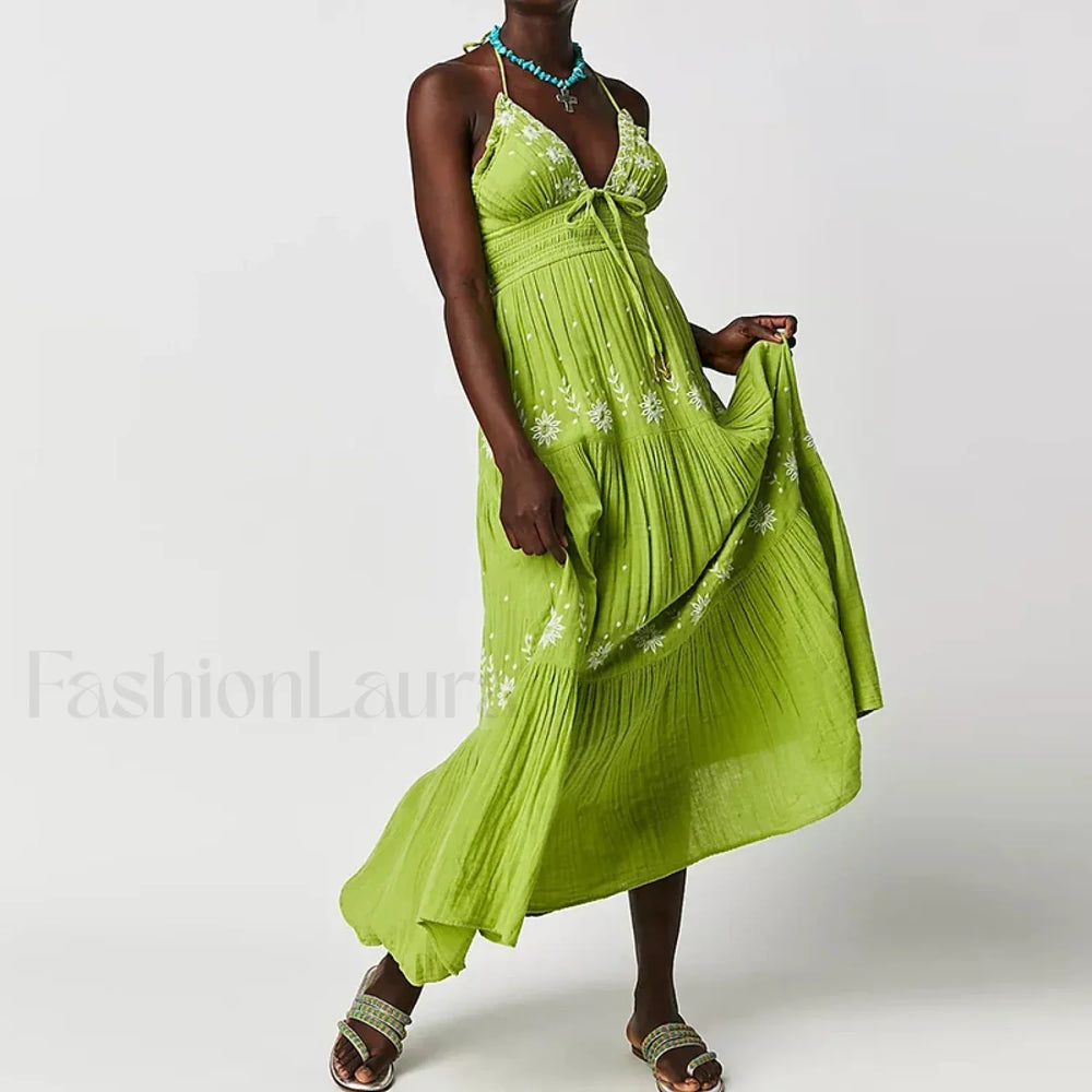 Backless Halter Embroidery Boho Dress color 9 / S