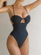 Backless Hollow Out Lace Up One Piece Black / S