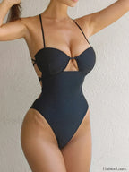 Backless Hollow Out Lace Up One Piece Black / S