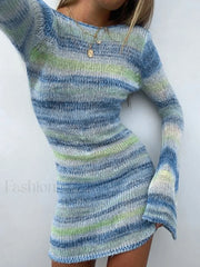 Backless Long Sleeve Striped Knit Mini Dress Blue / S Mini Dresses