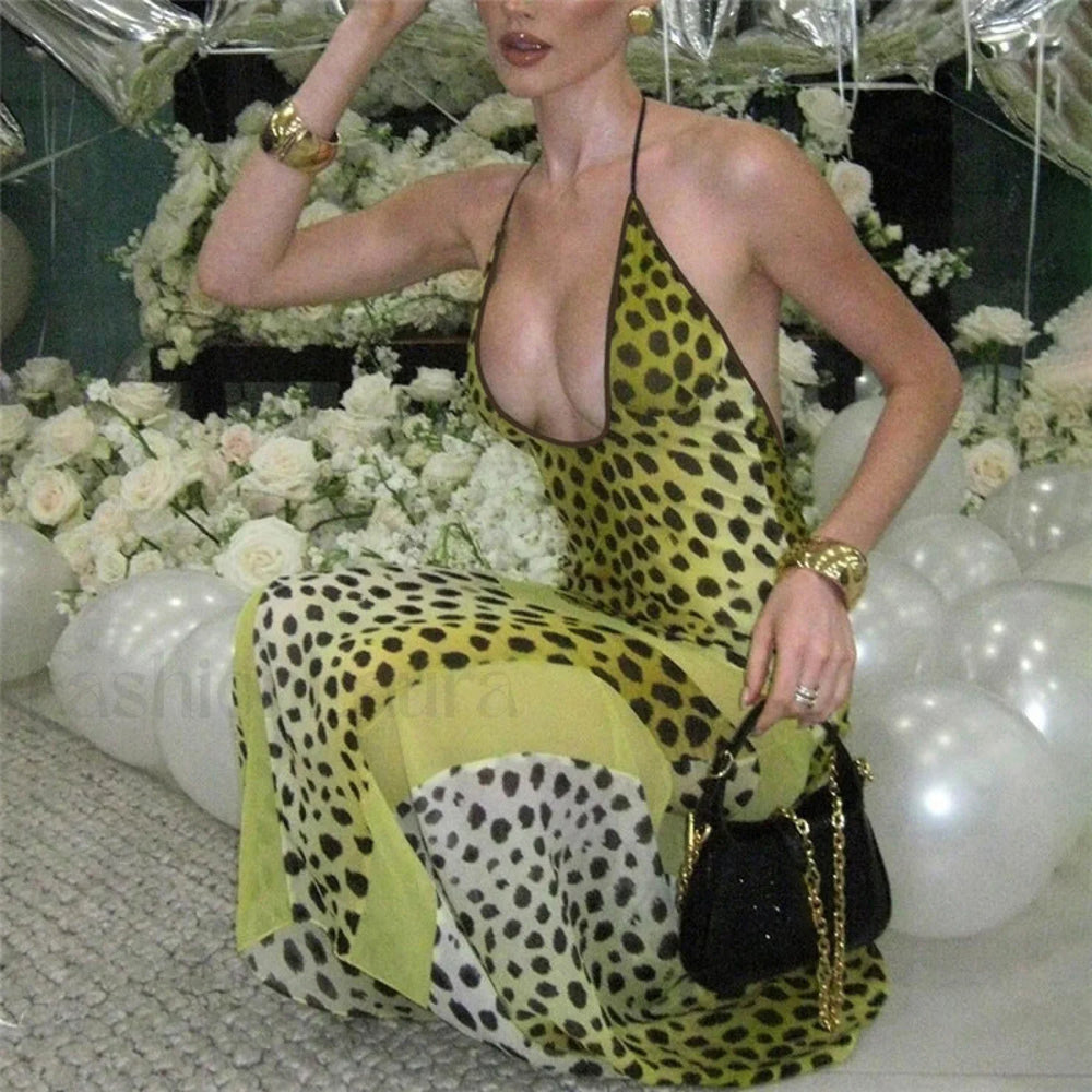 Backless Neck Print Sexy Slim Fit Maxi Dress