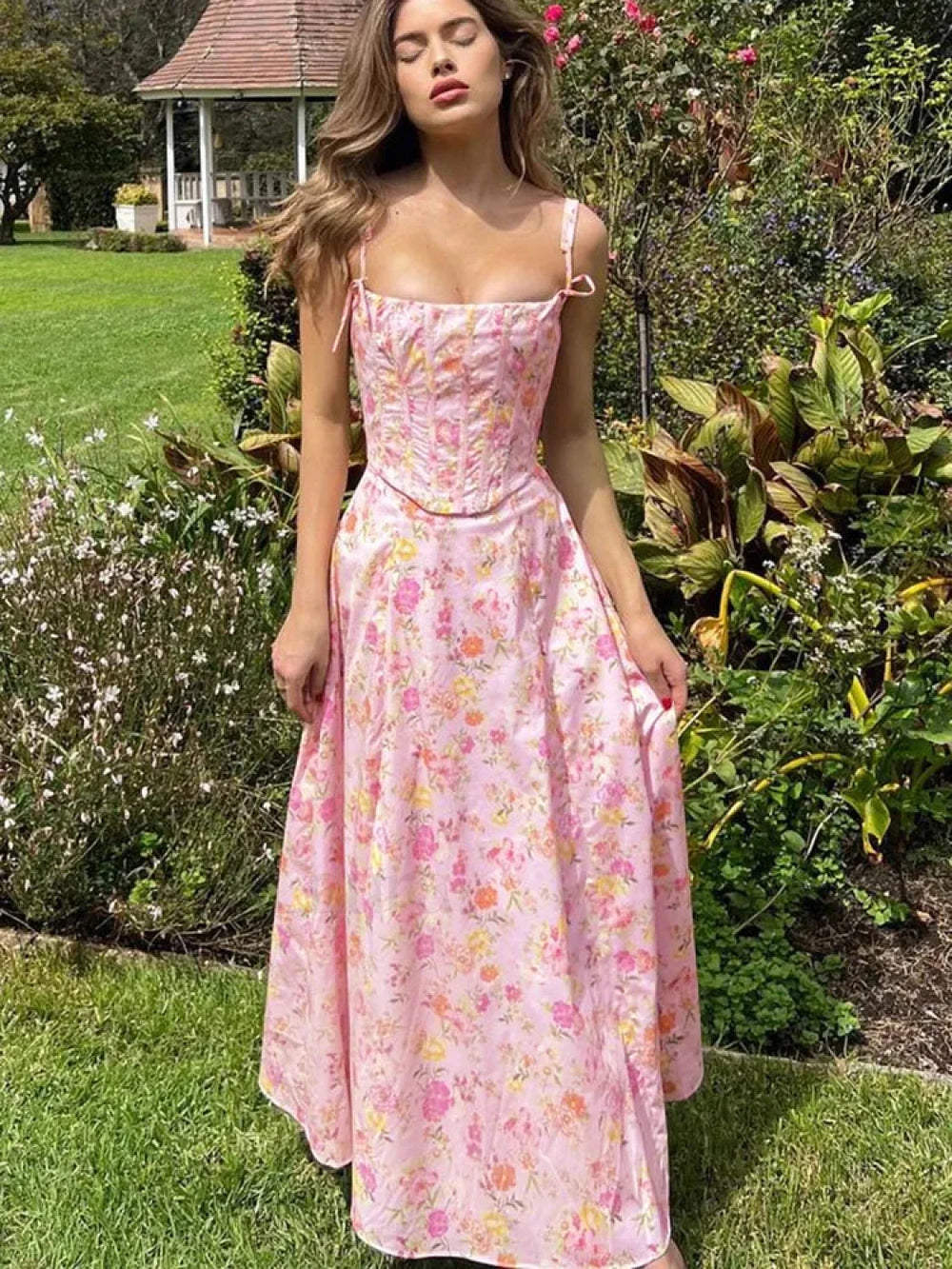 Backless Ribbed Spaghetti Floral Dress Pink / S