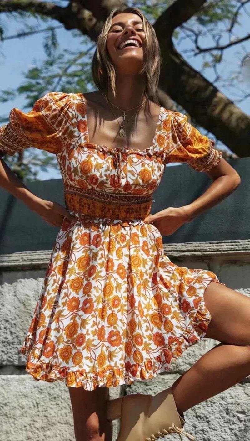 JuliaFashion-Backless Square Collar Elastic Waist Beach Mini Dress