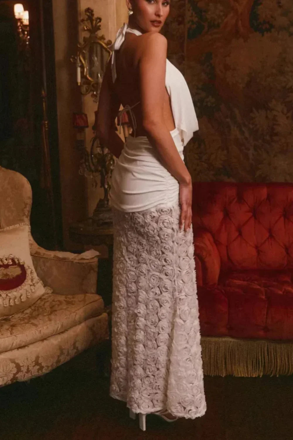 Backless Strappy 3D Flower Maxi Dress