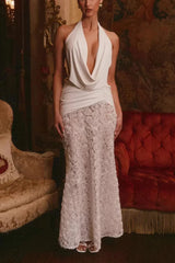 Backless Strappy 3D Flower Maxi Dress White spot / S