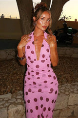 Backless Tie Waist Polka Dot Maxi Dress