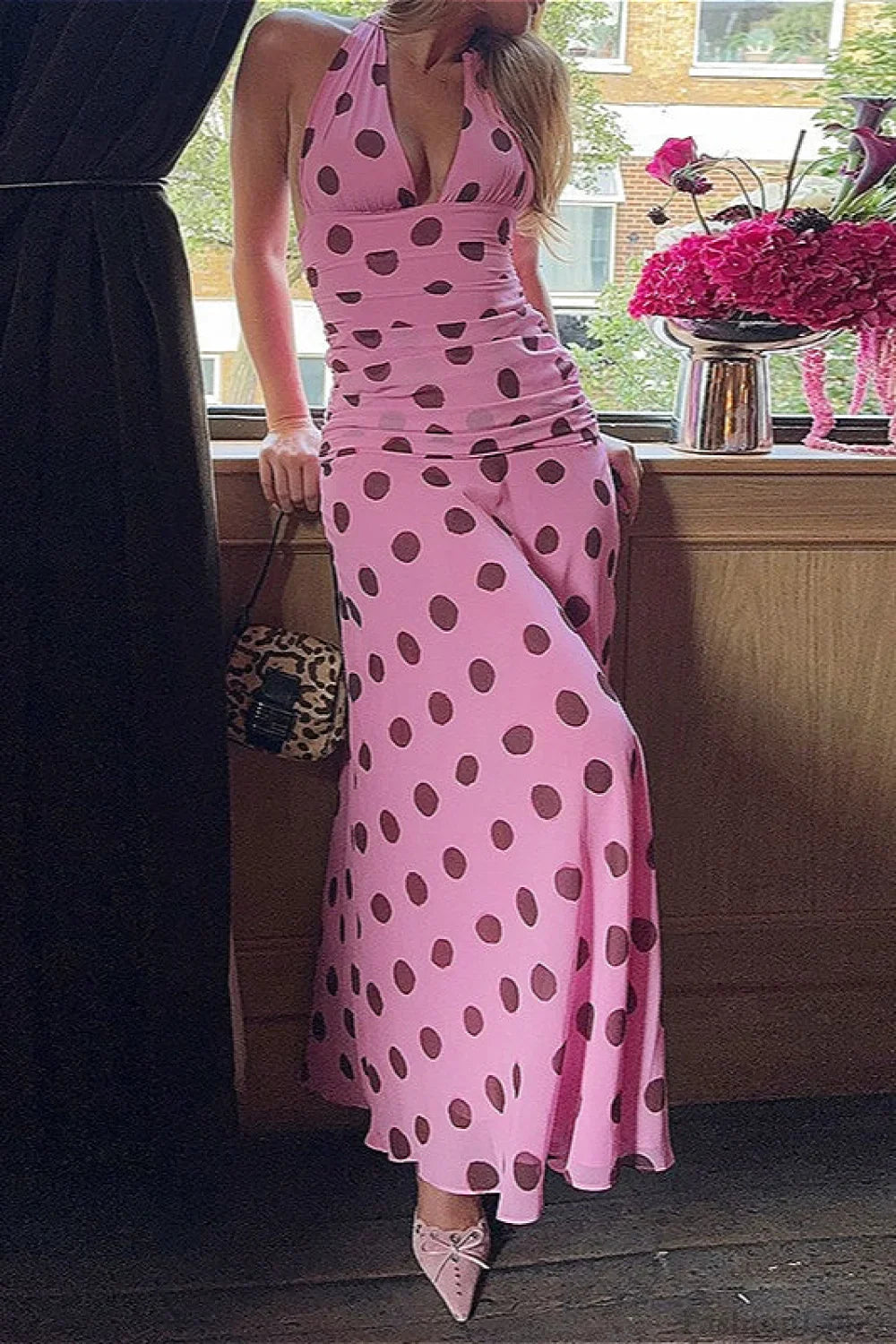 Backless Tie Waist Polka Dot Maxi Dress