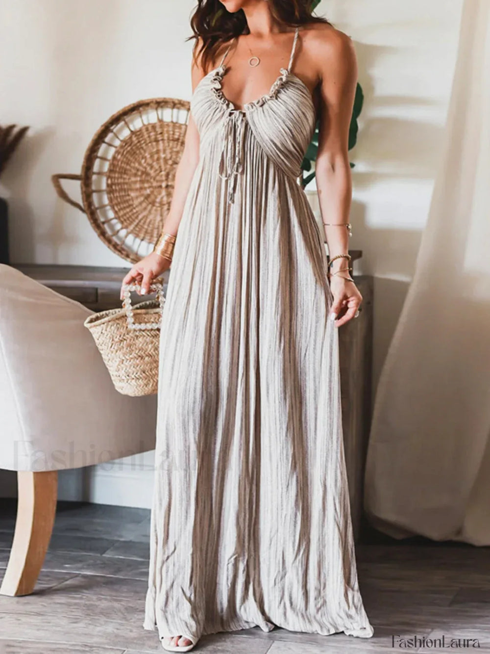 Backless U Neck Halter Strap Long Dress Dresses