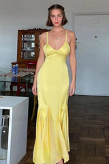 Backless Waist Slim Lotus French Temperament Suspender Maxi Dress Yellow / S