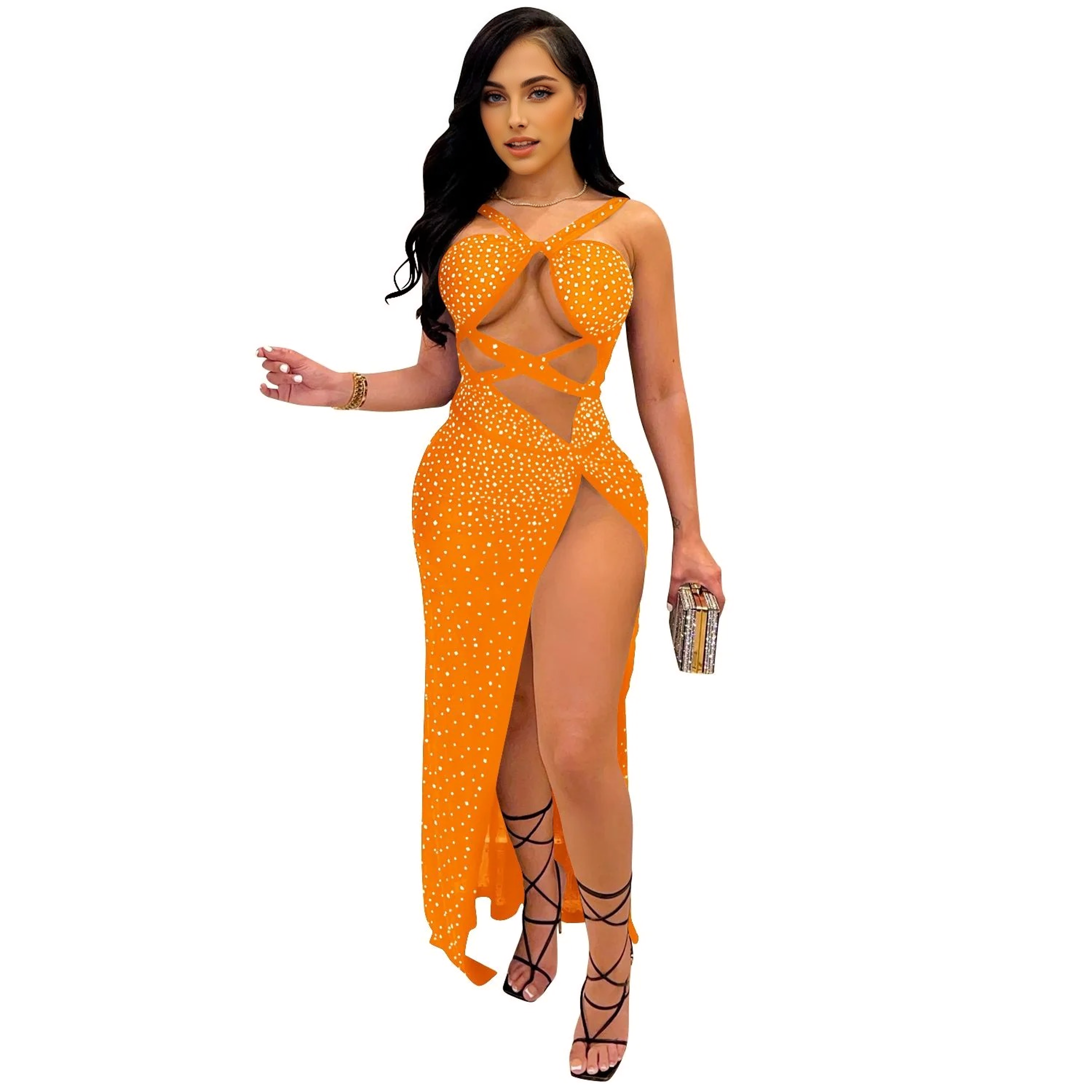 Julia Fashion - Glitter Halter Cut Out Long Dresses