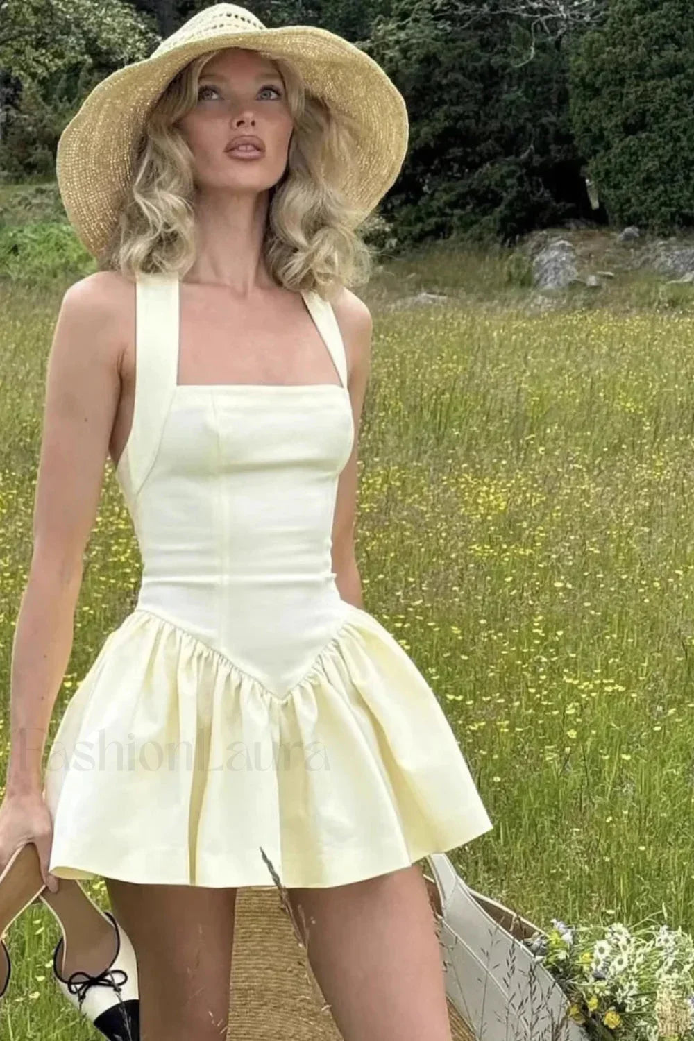 Ballet Style A Line Fluffy Neck Mini Dress Yellow / S