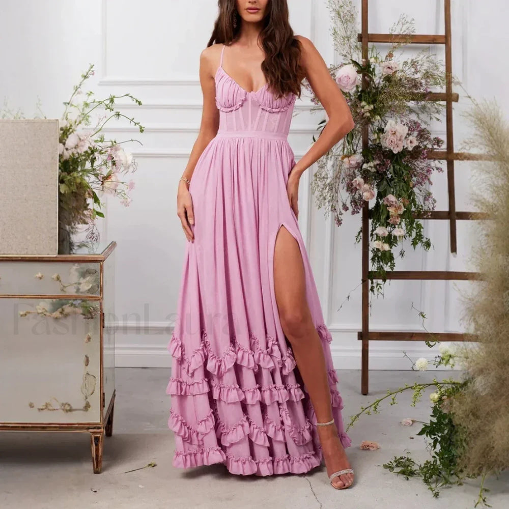 Bandage Spliced Square Maxi Dress PINK / S