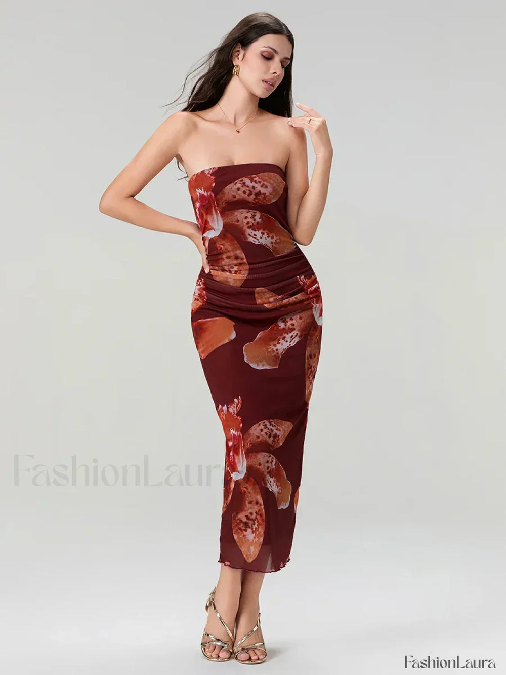 Bandeau Off Shoulder Floral Dress Burgundy / S