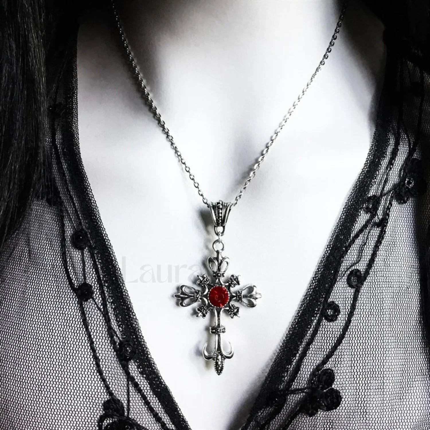Baroque Large Silver Cross Pendant Necklace BLACK