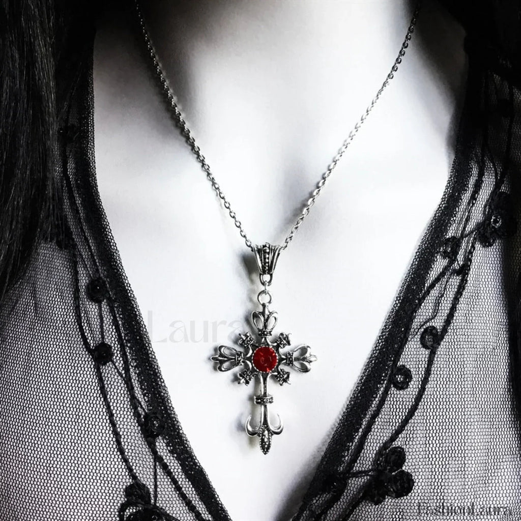 Baroque Large Silver Cross Pendant Necklace BLACK