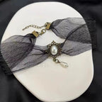 Baroque Pearl Sheer Silk Vintage Choker Necklace BLACK