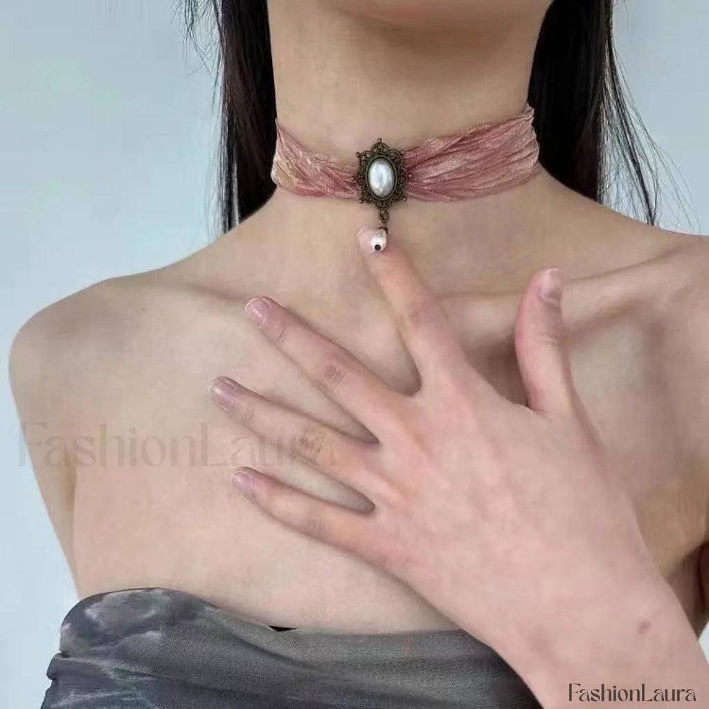 Baroque Pearl Sheer Silk Vintage Choker Necklace RED