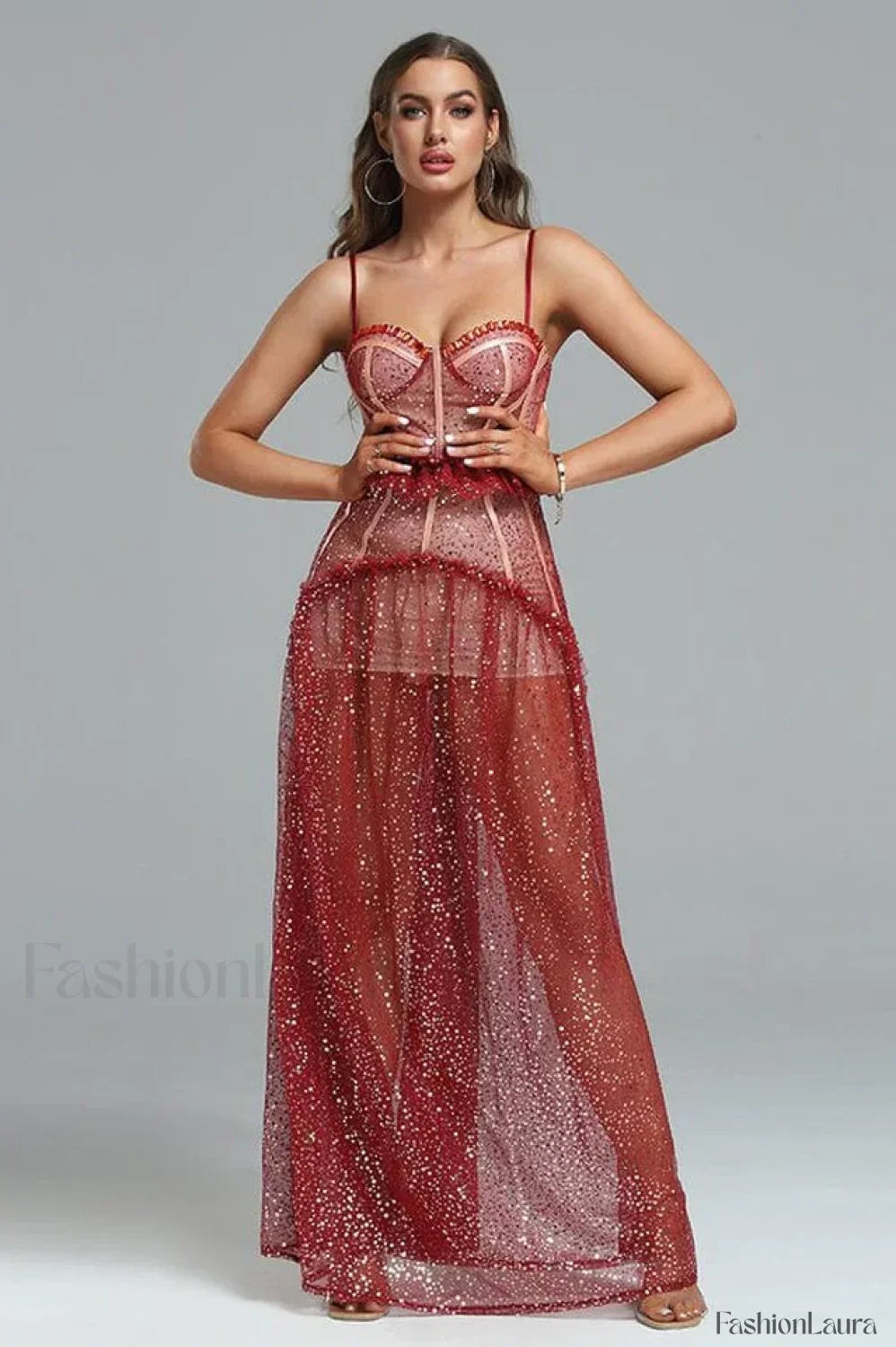 Barrett Sequined Mesh Charming & Lace Maxi Dress