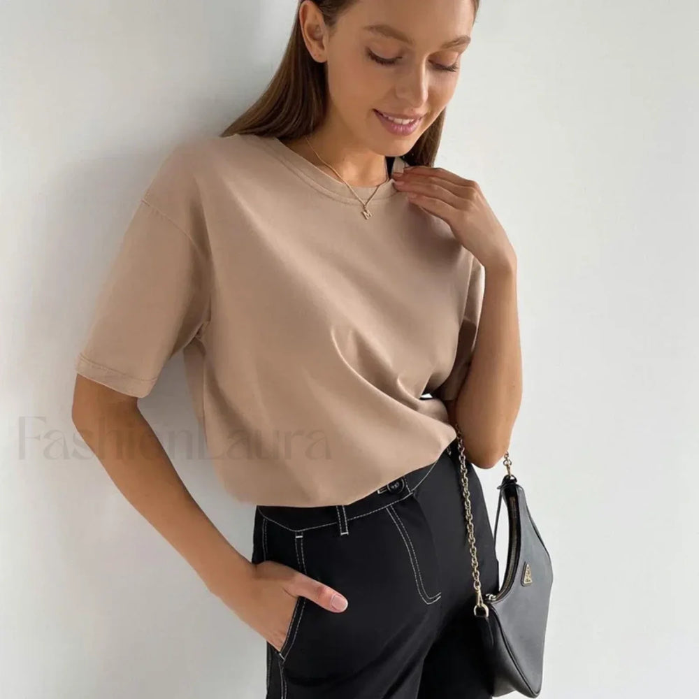 Basic Cotton Loose T Shirt Dark Khaki / M