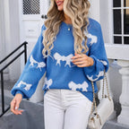 Basic Print Oversize Bow O Neck White Thick Knitted Christmas Sweater Blue / S Christmas Sweaters L