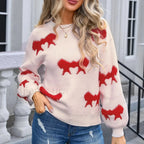 Basic Print Oversize Bow O Neck White Thick Knitted Christmas Sweater red1 / S Christmas Sweaters L