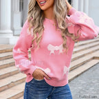 Basic Print Oversize Bow O Neck White Thick Knitted Christmas Sweater Christmas Sweaters L